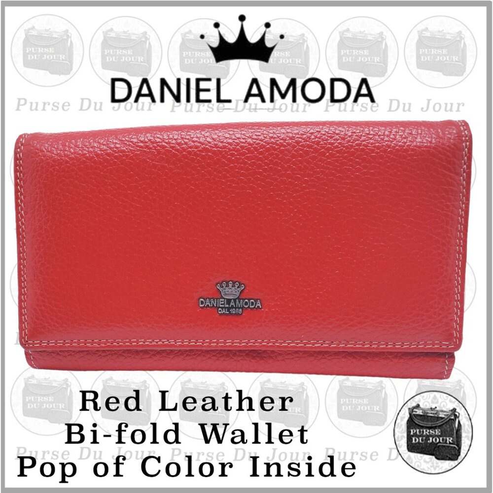 💲⬇️ Daniel Amoda Red Pebbled Leather Bi-Fold Long Wallet Pop Of Color Inside